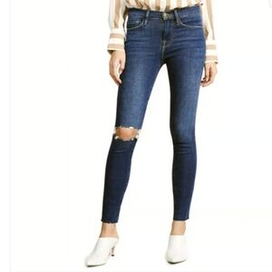 FRAME DENIM | Women's Le Skinny de Jeanne Cropped Sunfaded Rips Fray Hem Jeans